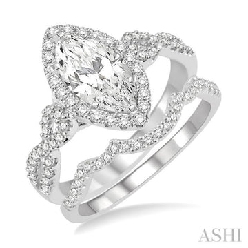 1 1/6 Ctw Round Cut Diamond Wedding Set With 1 Ctw Split Bow Shank Marquise Cut Engagement Ring and 1/6 Ctw Triple Arch Wedding Band in 14K White Gold